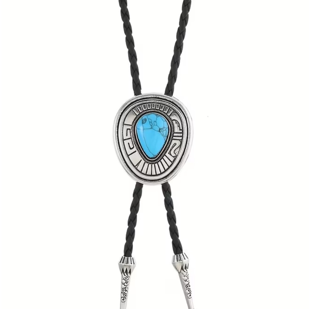 Turquoise Stone Silver Bolo Tie on Braided Black Cord